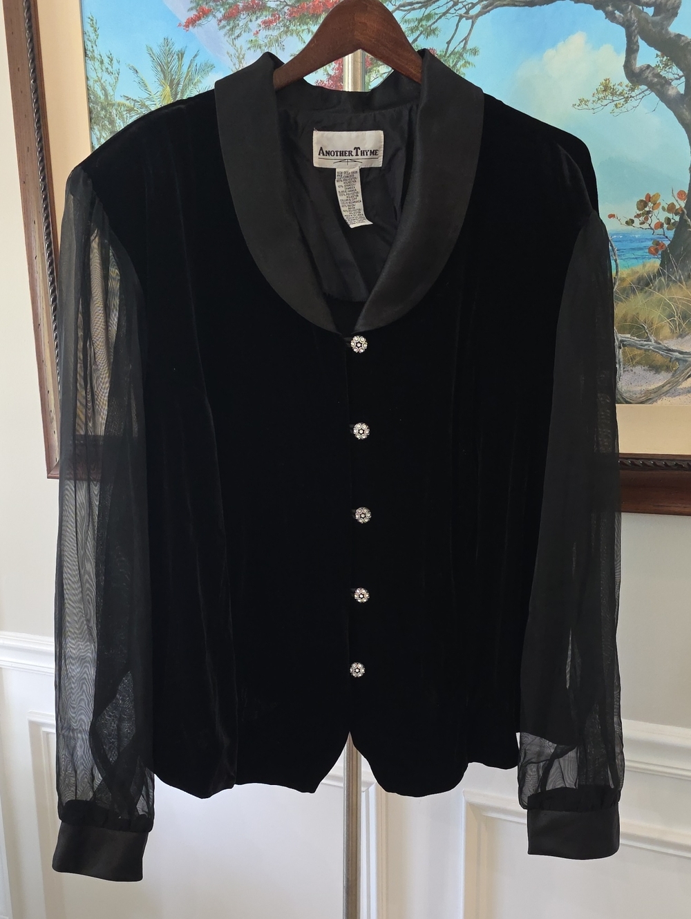 Another Thyme Black Velvet Blouse with Sheer Long Sleeves and Satin Collar